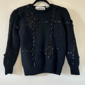 Calledina Vtg Angora Rabbit Hair Lambs Wool Blend Floral Ribbon Detail Sz Medium